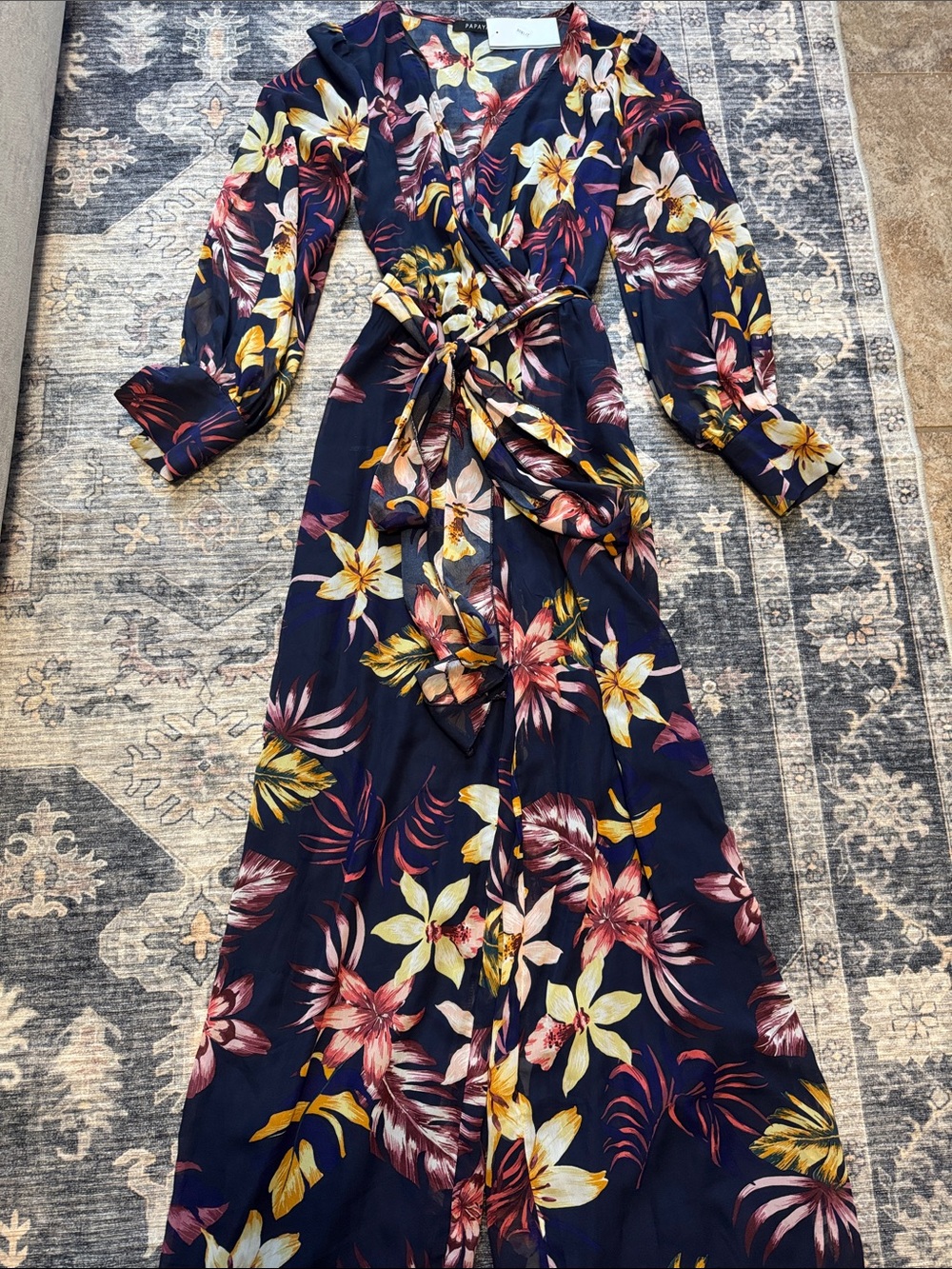 Papaya Navy Floral Wrap Maxi Dress with Pink & Yellow Blooms